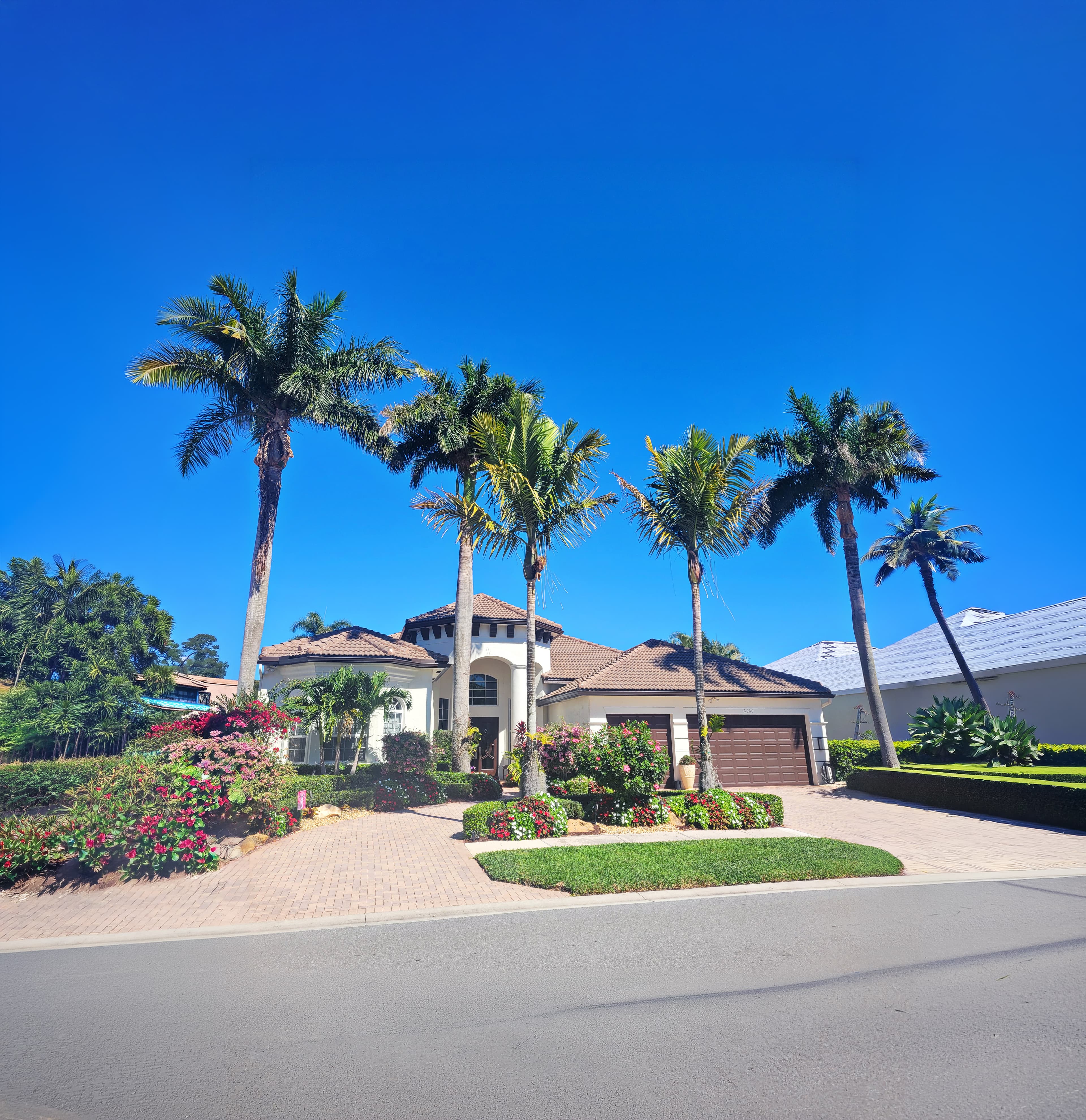 Casa residencial en Florida con palmeras, techo de tejas y cielo matutino